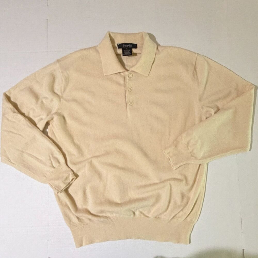 Giorgiolini 100% Cashmere Ivory Polo Henley Collared Long Sleeve Sweater, L Mens
